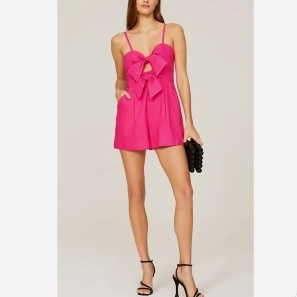 MILLY Romper Womens 4 Pink Anya Linen Blend Bow Front Sleeveless Sweetheart.